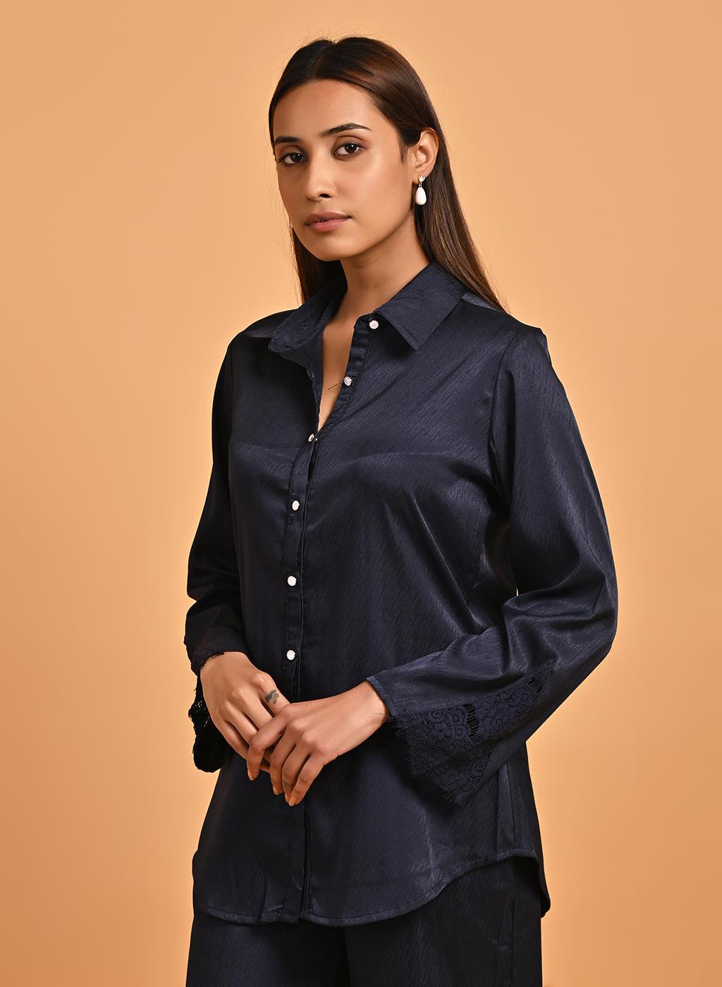 Midnight Blue Co-ord Set with Net Inserts at Sleeves - Lakshita