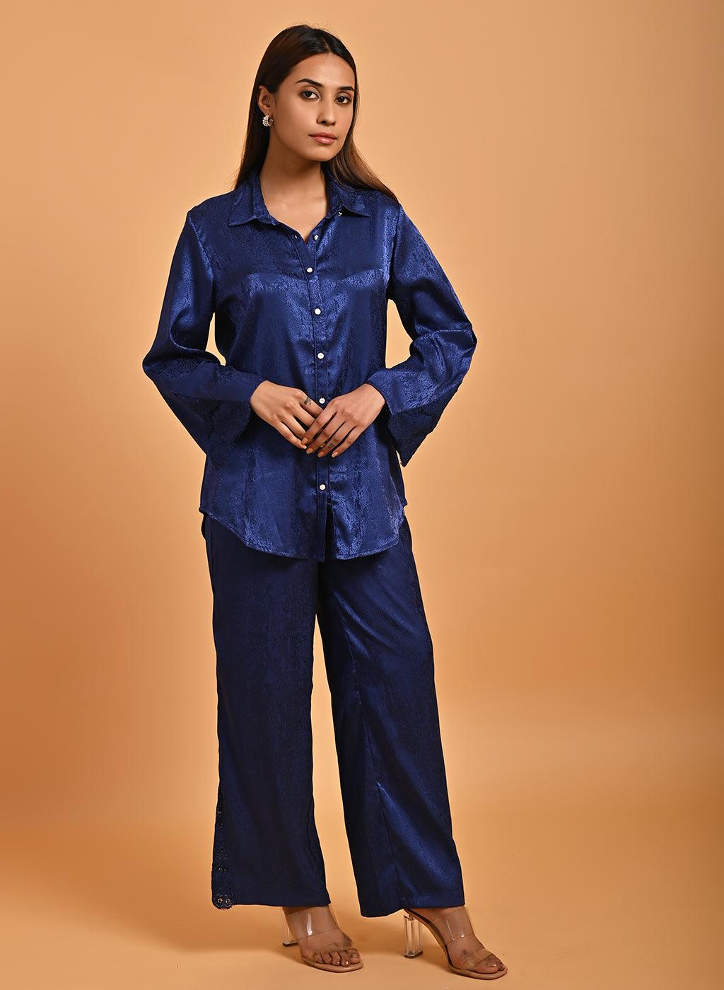 Blue Co-ord Set with Net Inserts at Sleeves - Lakshita