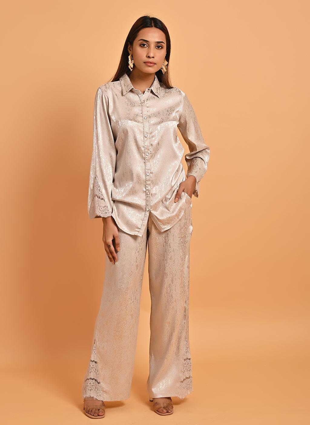 Beige Co-ord Set with Net Inserts at Sleeves - Lakshita