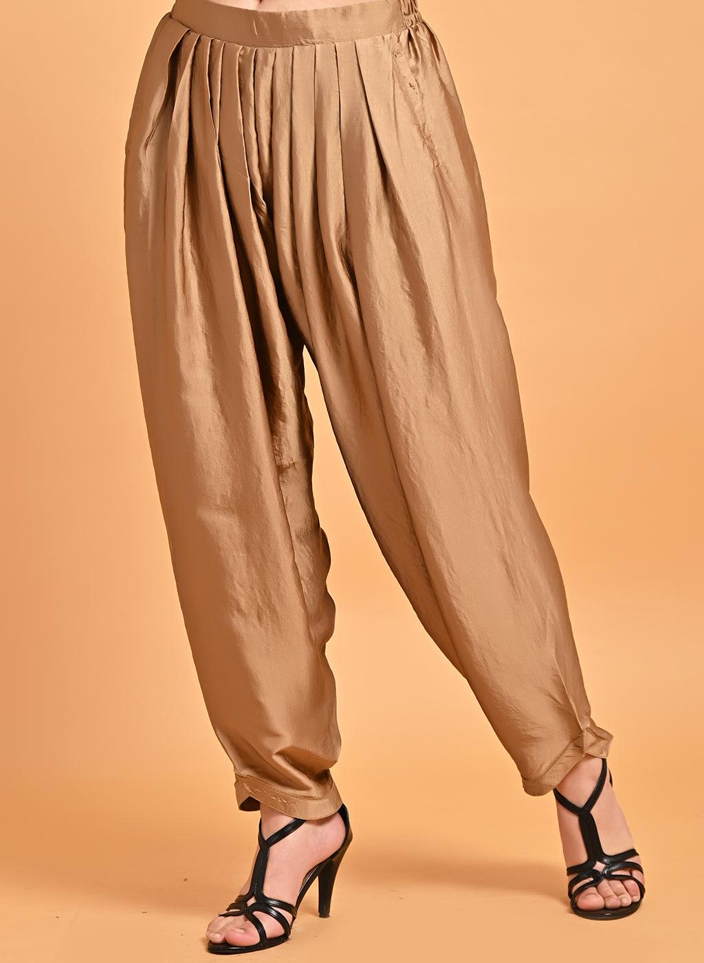 Solid Beige Pleated Salwar with Elastic Waist Band - Lakshita