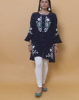 Midnight Blue Patchwork Embroidered Tunic with Asymmetrical Hemline