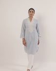 Spa Blue Mid-length Cotton Kurti for Women with Embroidery