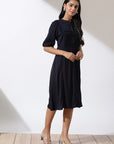 Blue Solid Dress with Button Closure