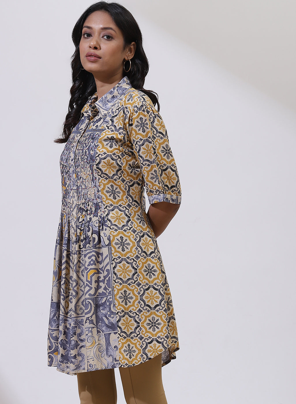 Sky Blue Printed Tunic with Smocking Detail