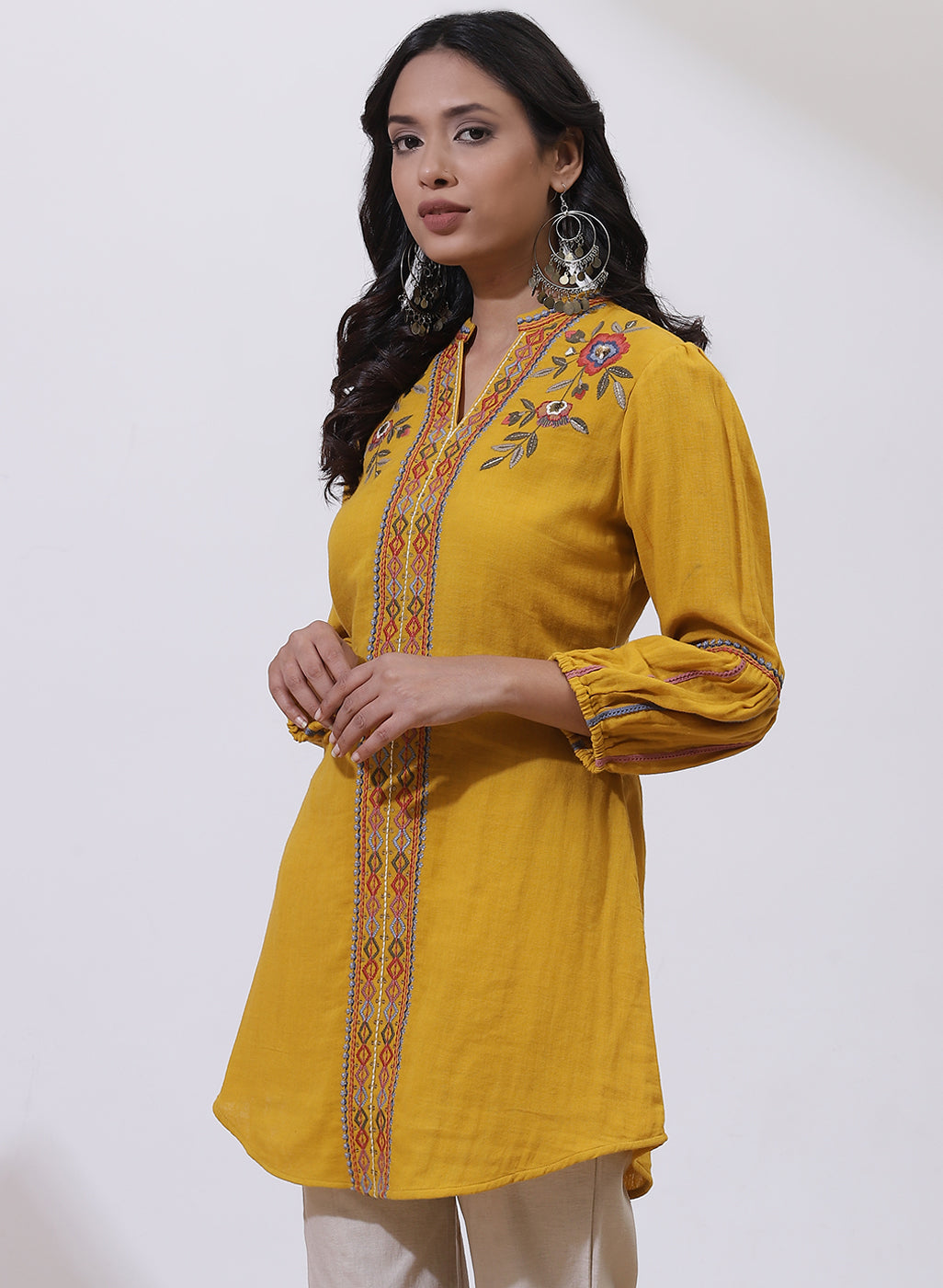 Mustard Phool Collection Floral Embroidered Tunic