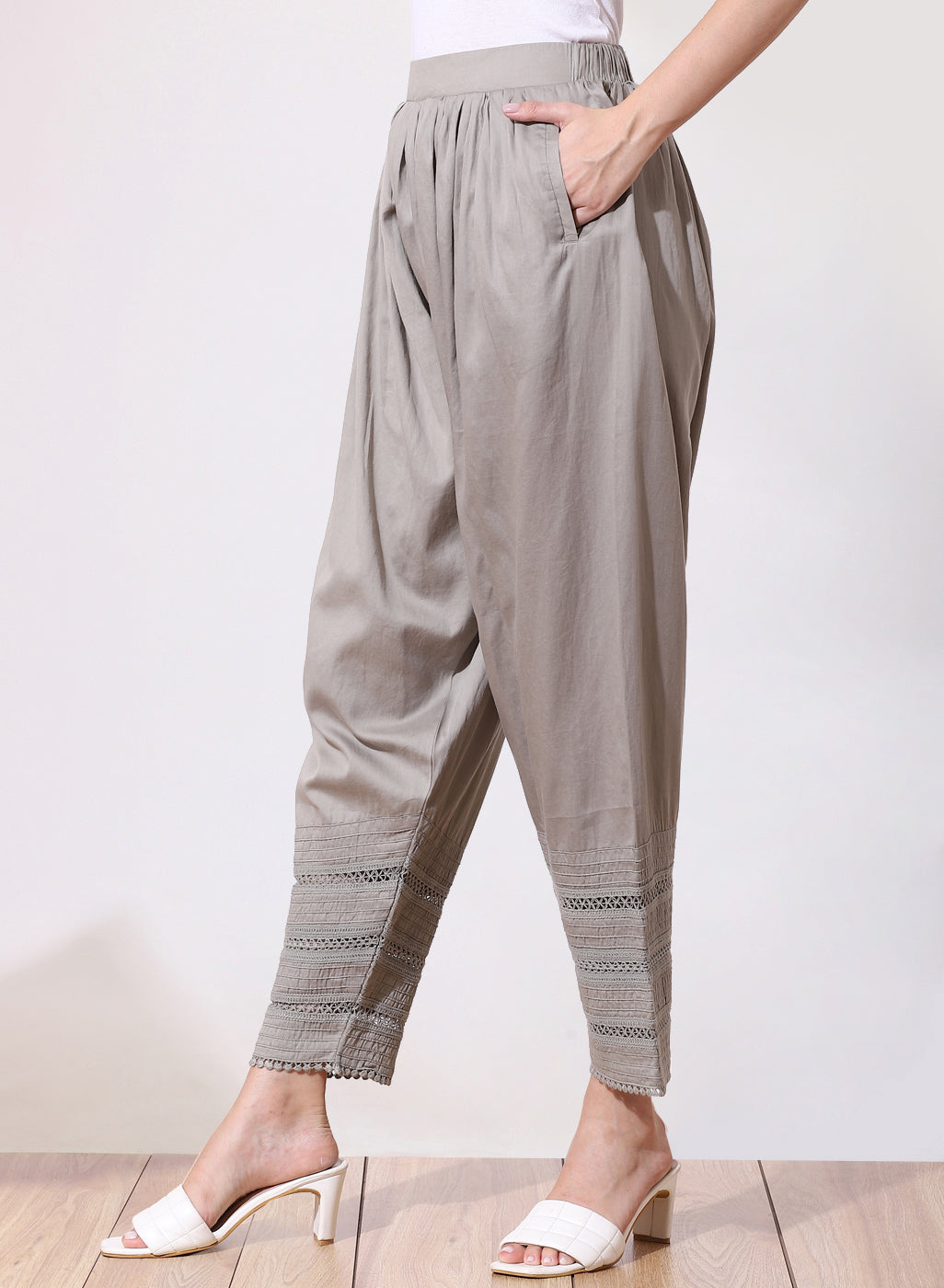 Grey Cotton Salwar With Lace Inserts