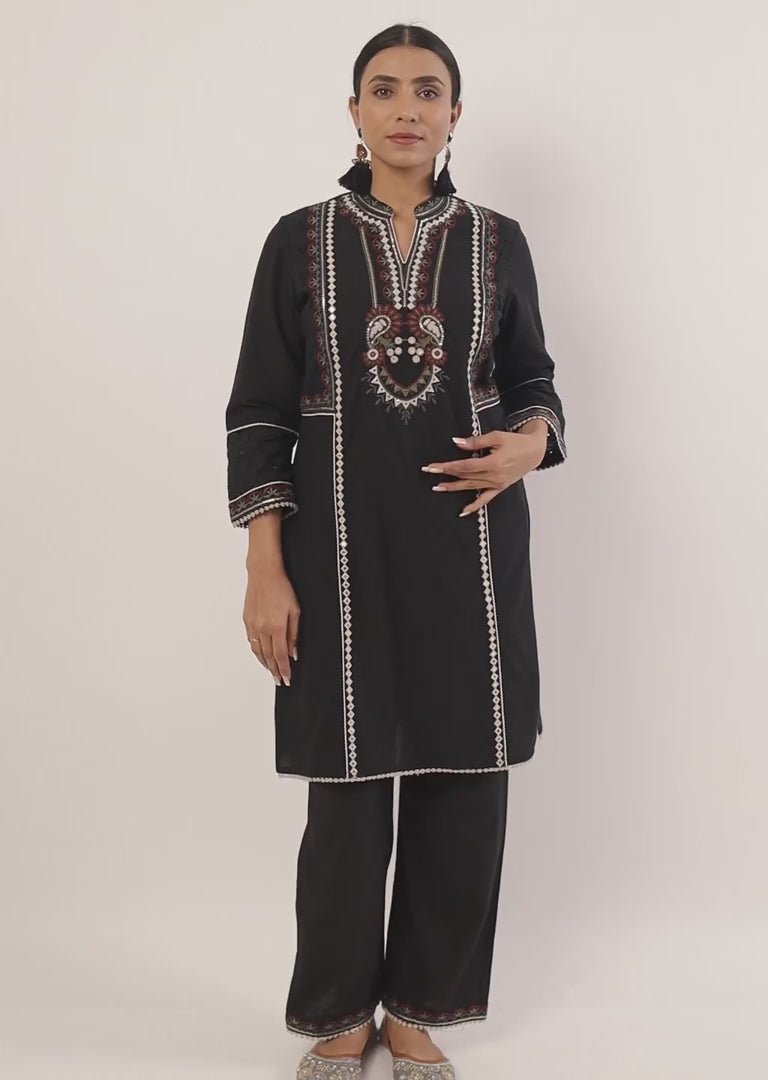 Black Schiffili Embroidered Cotton Co-ord Set with 3/4th Sleeves ...
