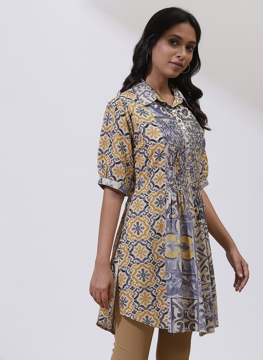 Sky Blue Printed Tunic with Smocking Detail