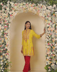 Mustard Embroidered Thigh-length Kurti with 3/4th Sleeves