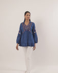 Blue Thigh-length Boho Tunic with Collar and Full Sleeves