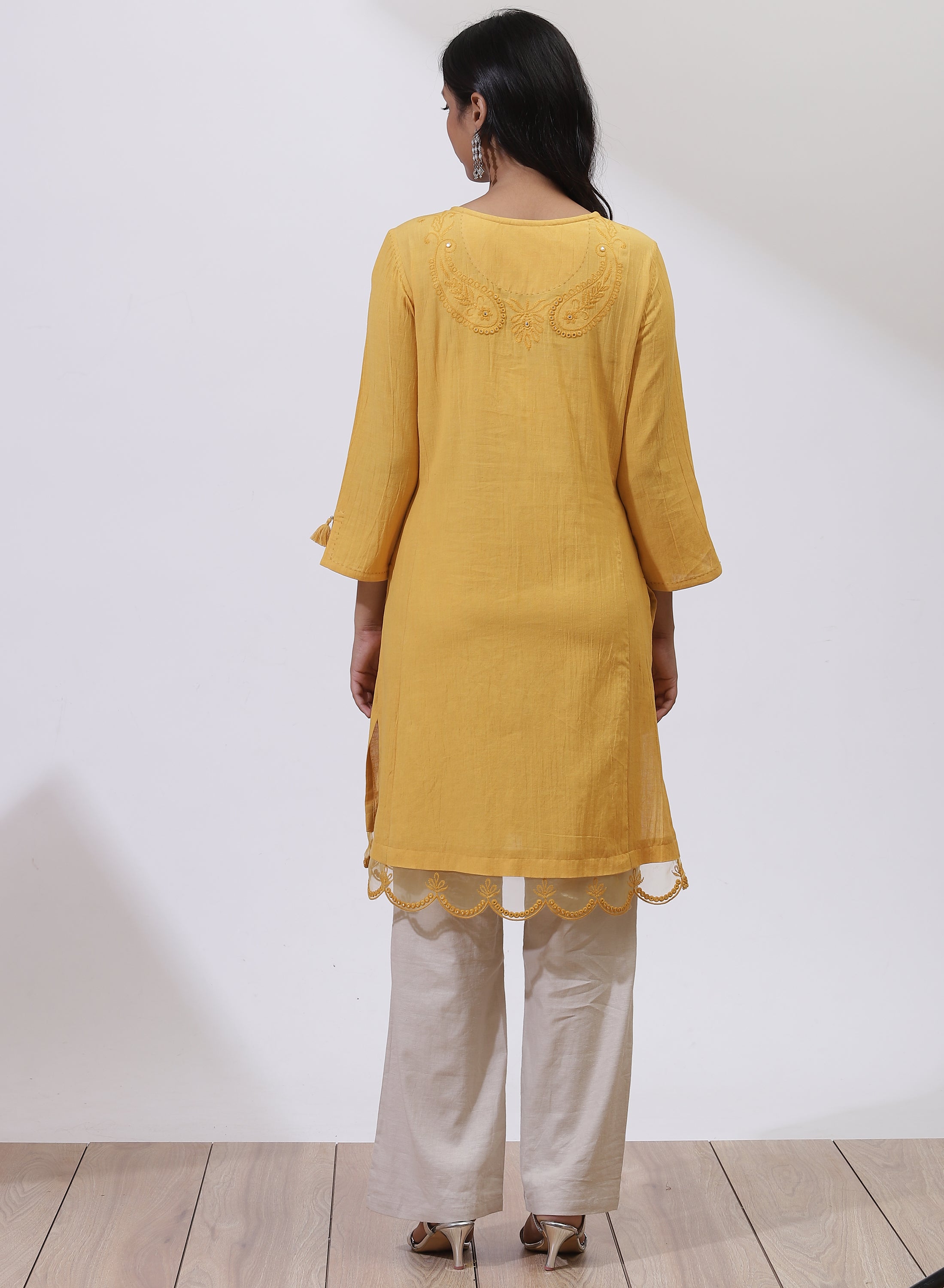 Mustard A-Line Kurta with Delicate Embroidery