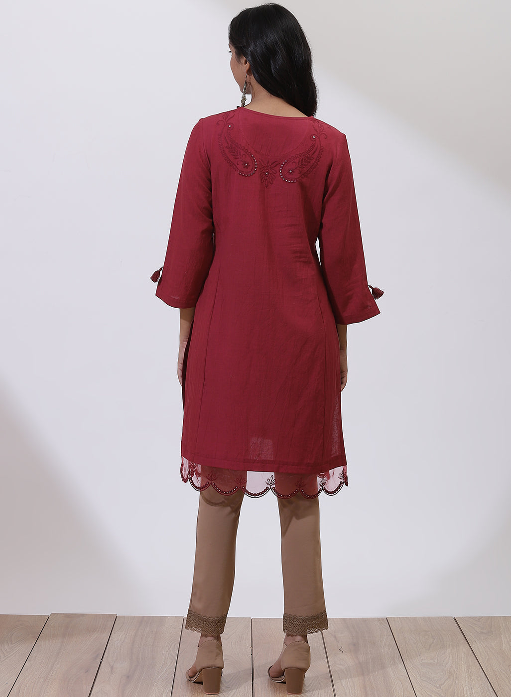 Maroon A-Line Kurta with Delicate Embroidery