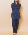 Navy Blue Satin Shirt with Balloon Sleeves and Open Front
