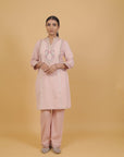 Nude Pink Schiffili Embroidered Cotton Co-ord Set with 3/4th Sleeves