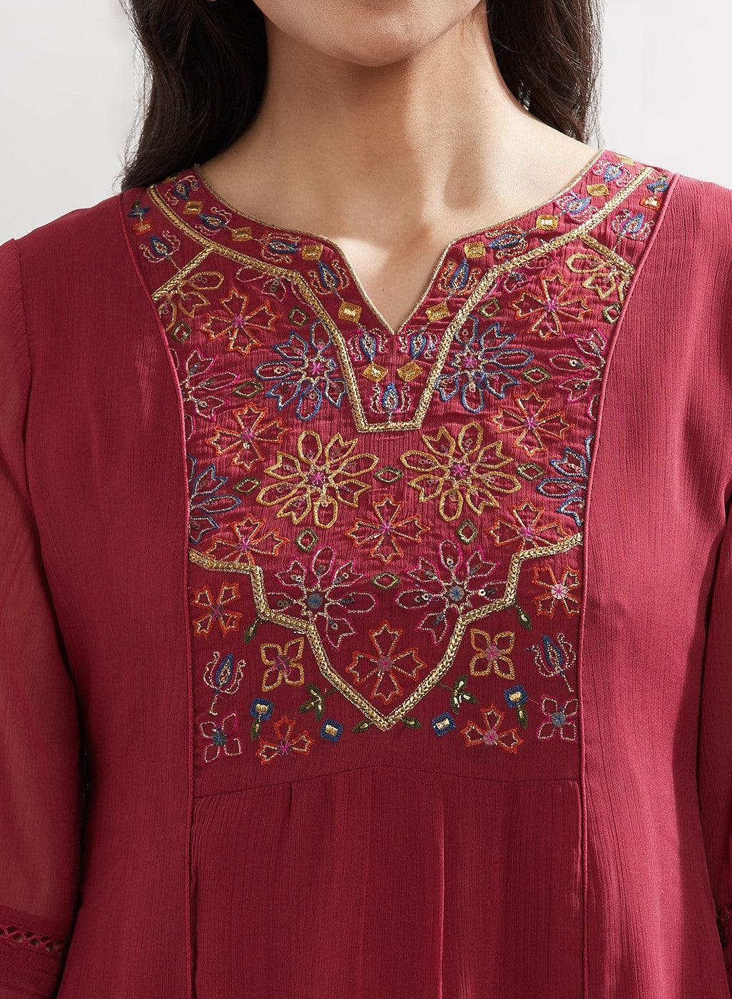 Clay Red Bahaar Embroidered Kurti - Lakshita
