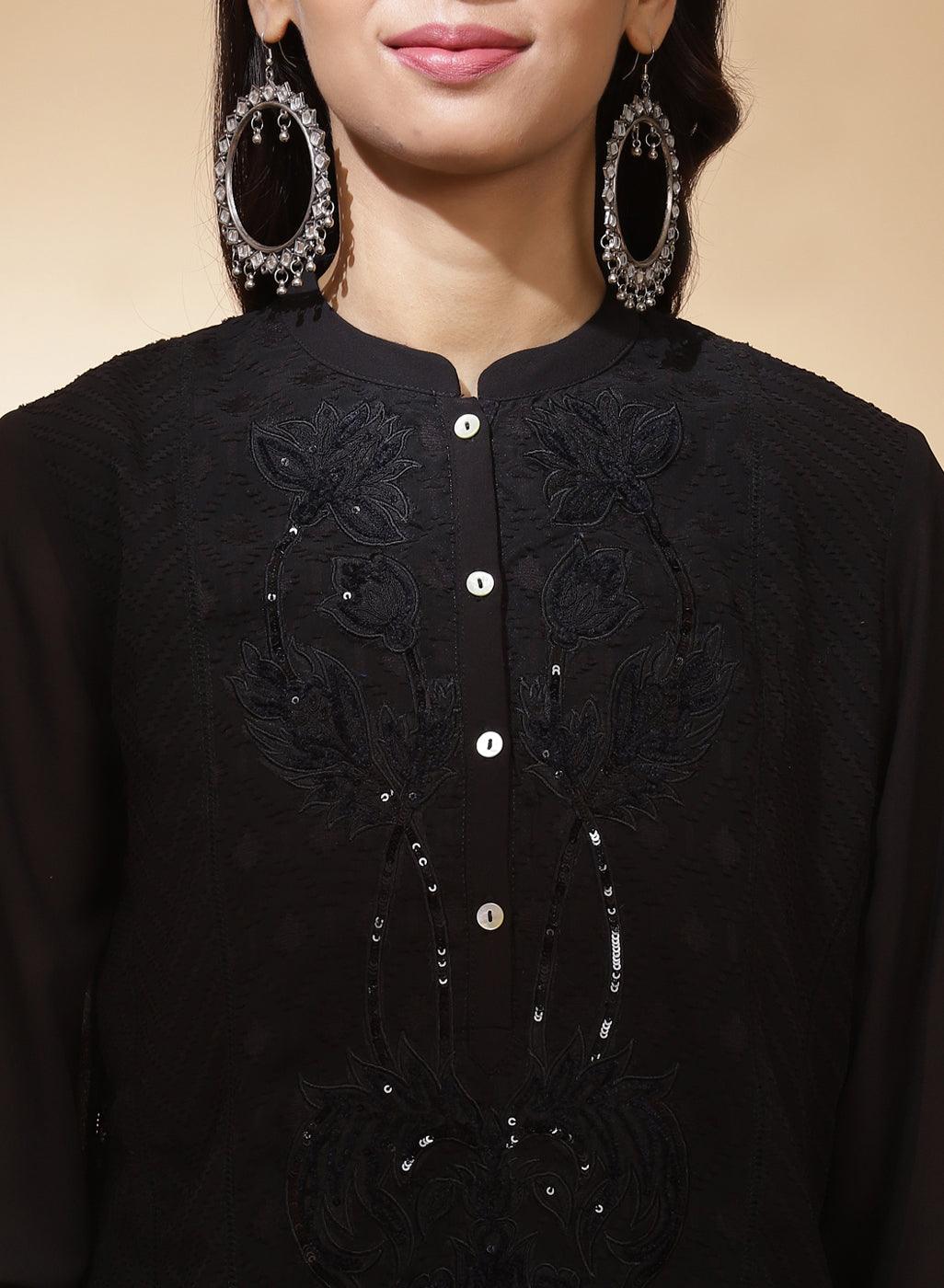 Charcoal Black Bahaar Embroidered Kurti - Lakshita