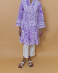 Purple Printed Short Kurti for Women with Lace Detailing