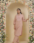 Peach Cotton Kurta Set with Floral Embroidery