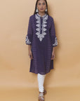 Purple Long Kurta with Embroidery and Flared Sleeves