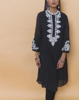 Black Long Kurta with Embroidery and Flared Sleeves