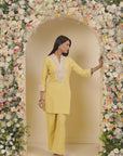 Yellow A-line Embroidered Georgette Kurta Set for Women
