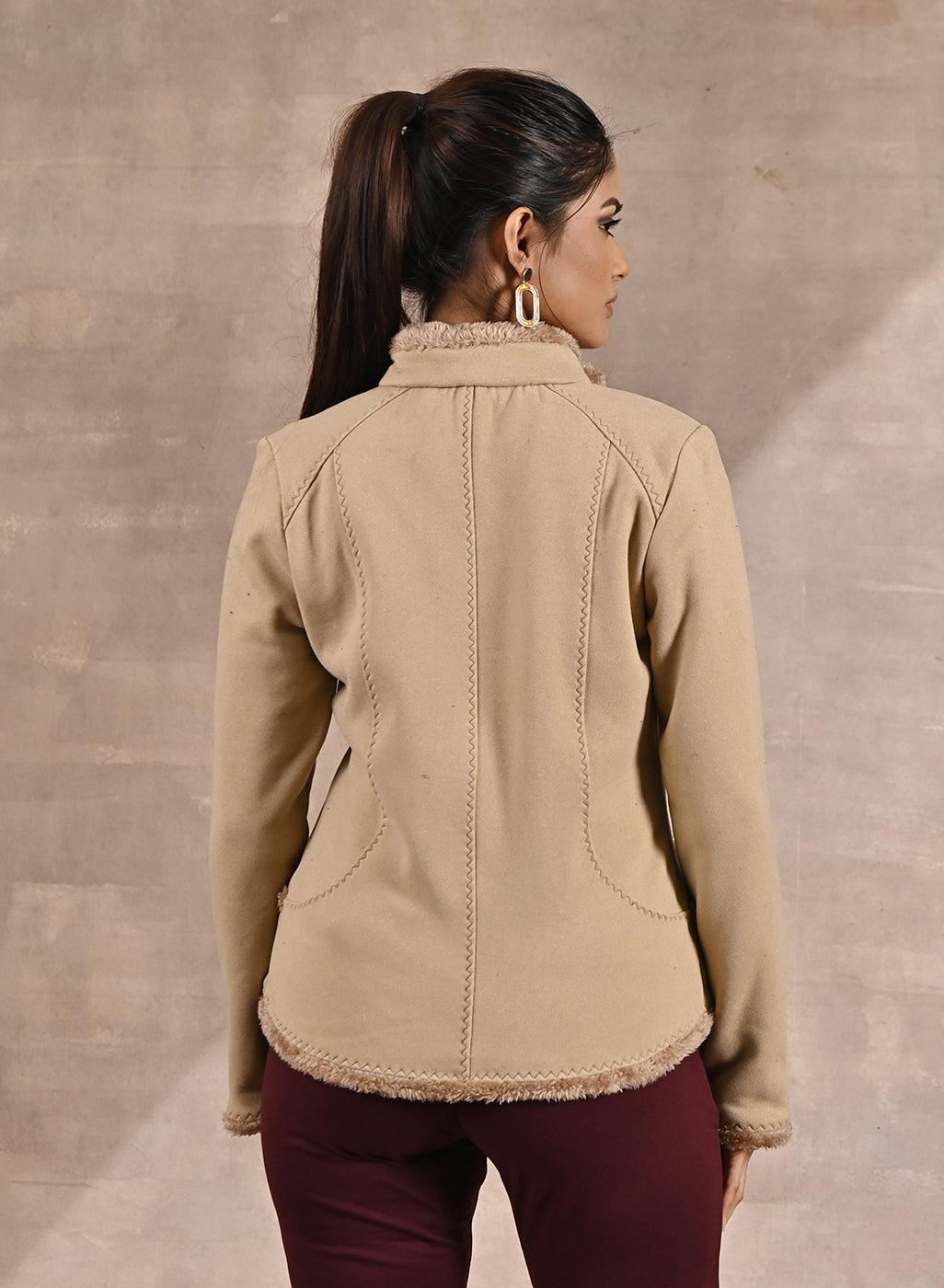 Beige High-neck Jacket with Fur Details - Lakshita