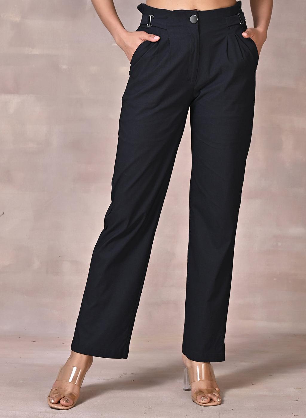 Black Straight Fir Pant with Decorative Belt Detail - Lakshita