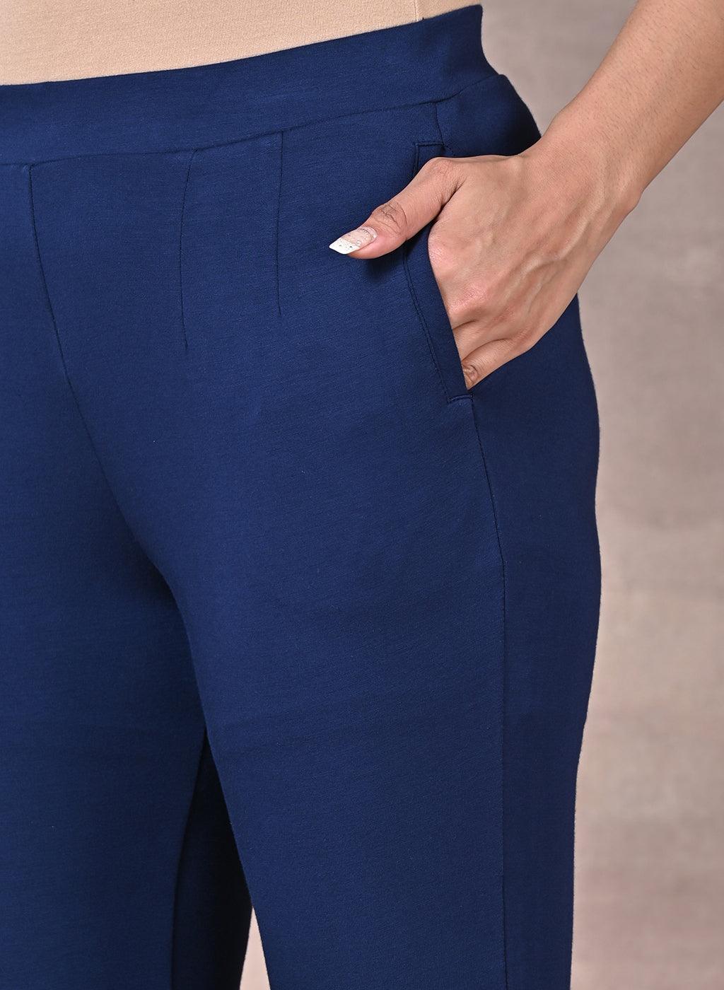 Navy Blue Fitted Trouser Pants With Straight Hem - Lakshita