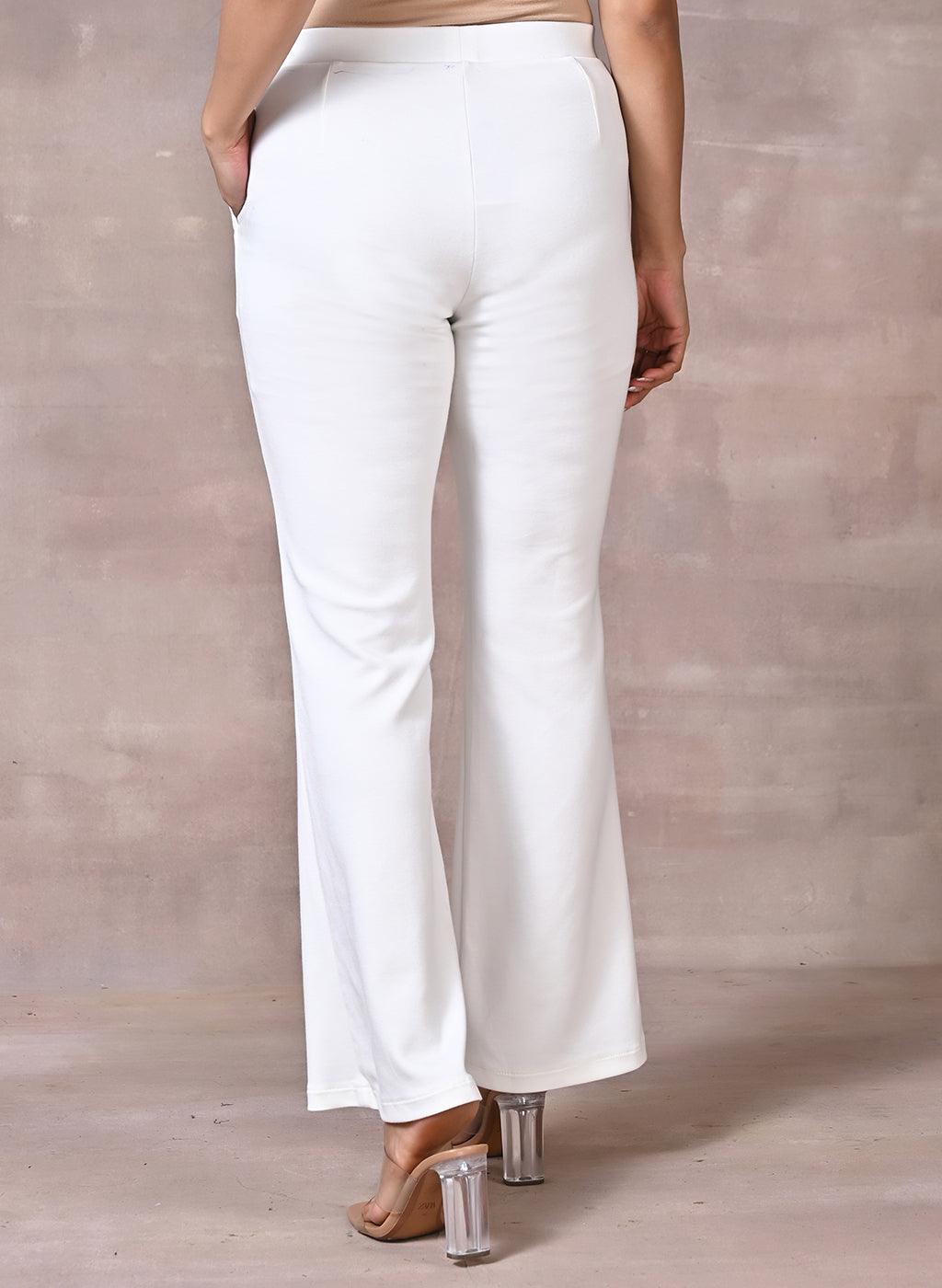 White Fitted Trouser Pants With Straight Hem - Lakshita