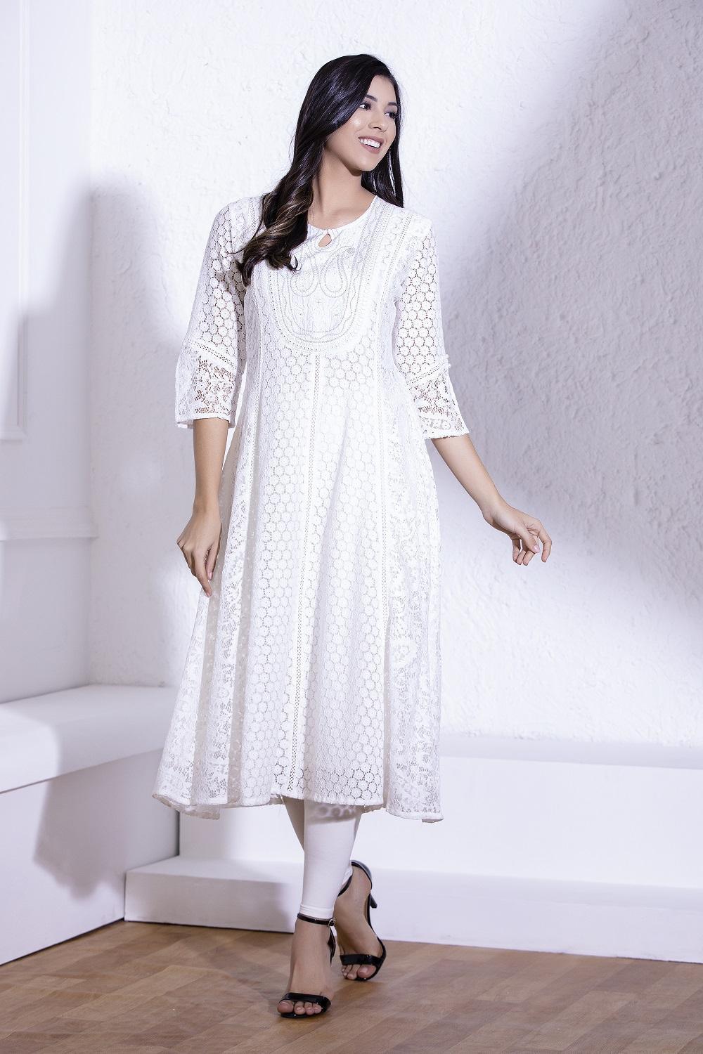 Pearl White Kalidar Embroidered Kurta With Laces - Lakshita
