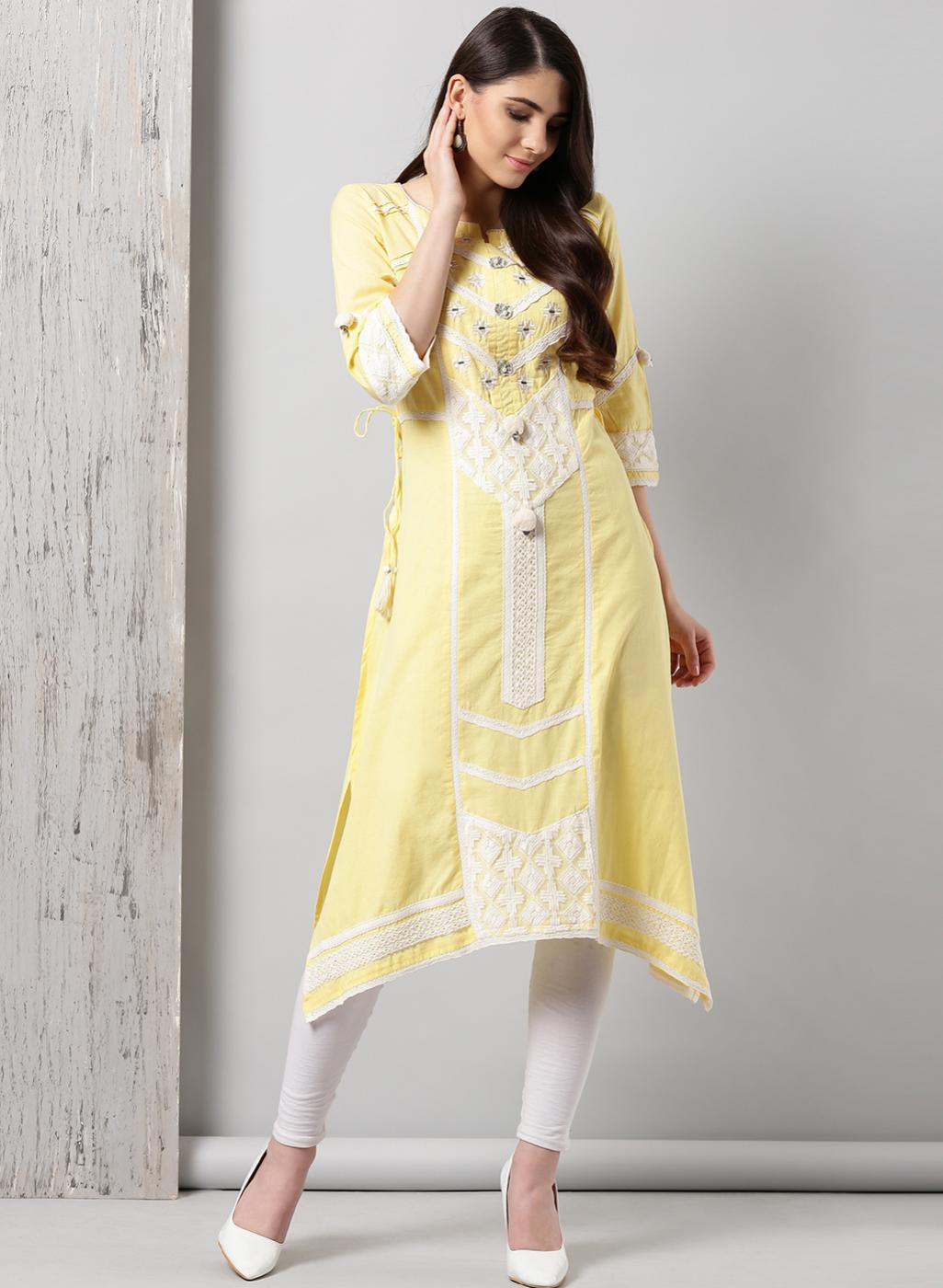 Yellow Long Embroidery Kurta - Lakshita