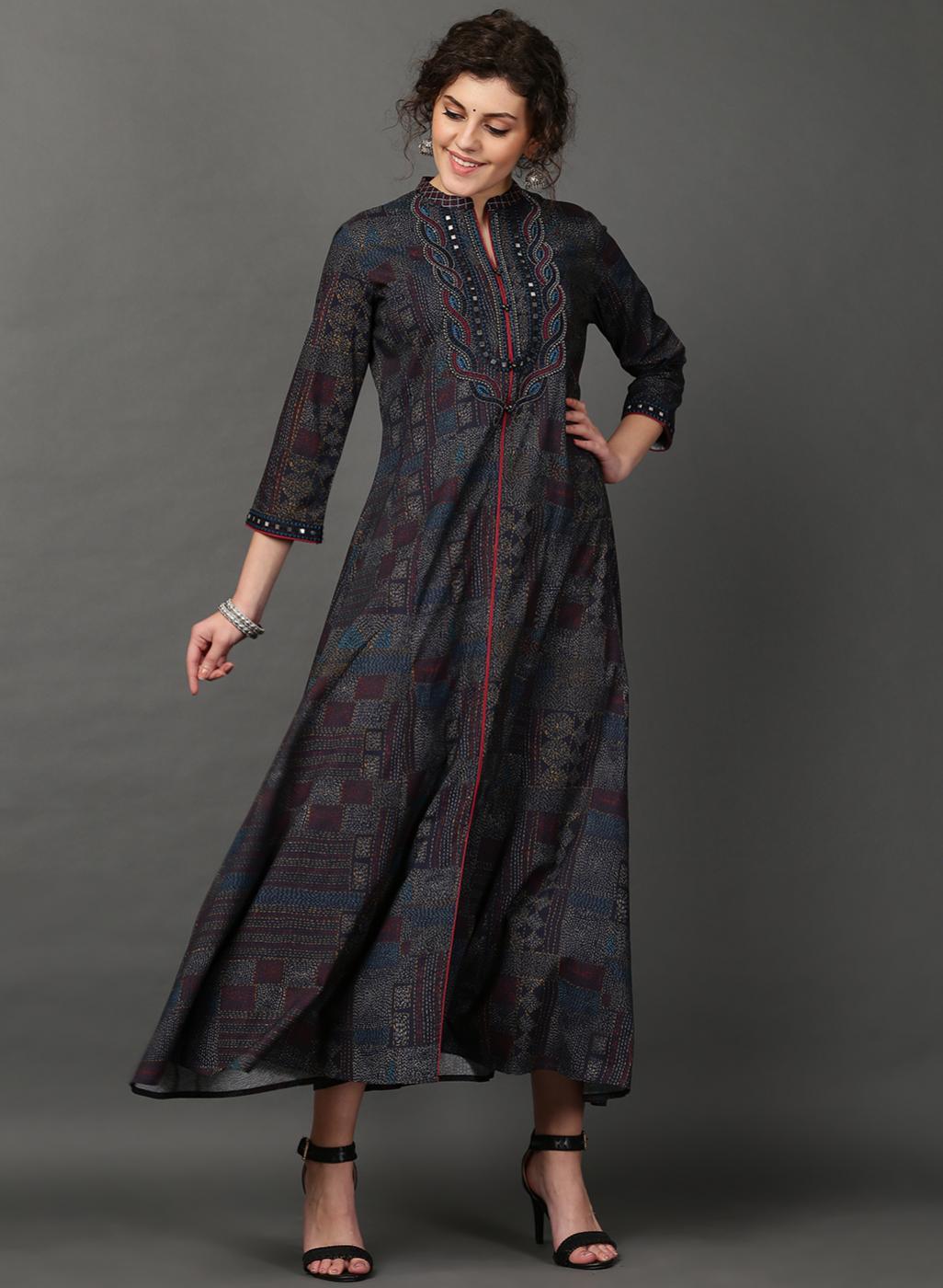 Blue Ankle-Length Dress With Mandarin Collar - Lakshita