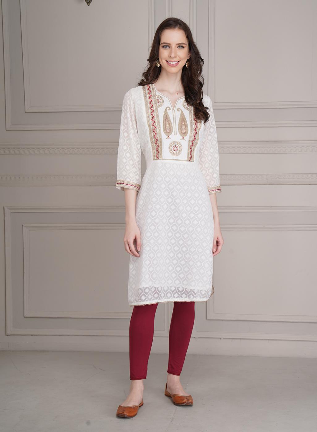 White Kurti With Front Patterned Embroidery - Lakshita