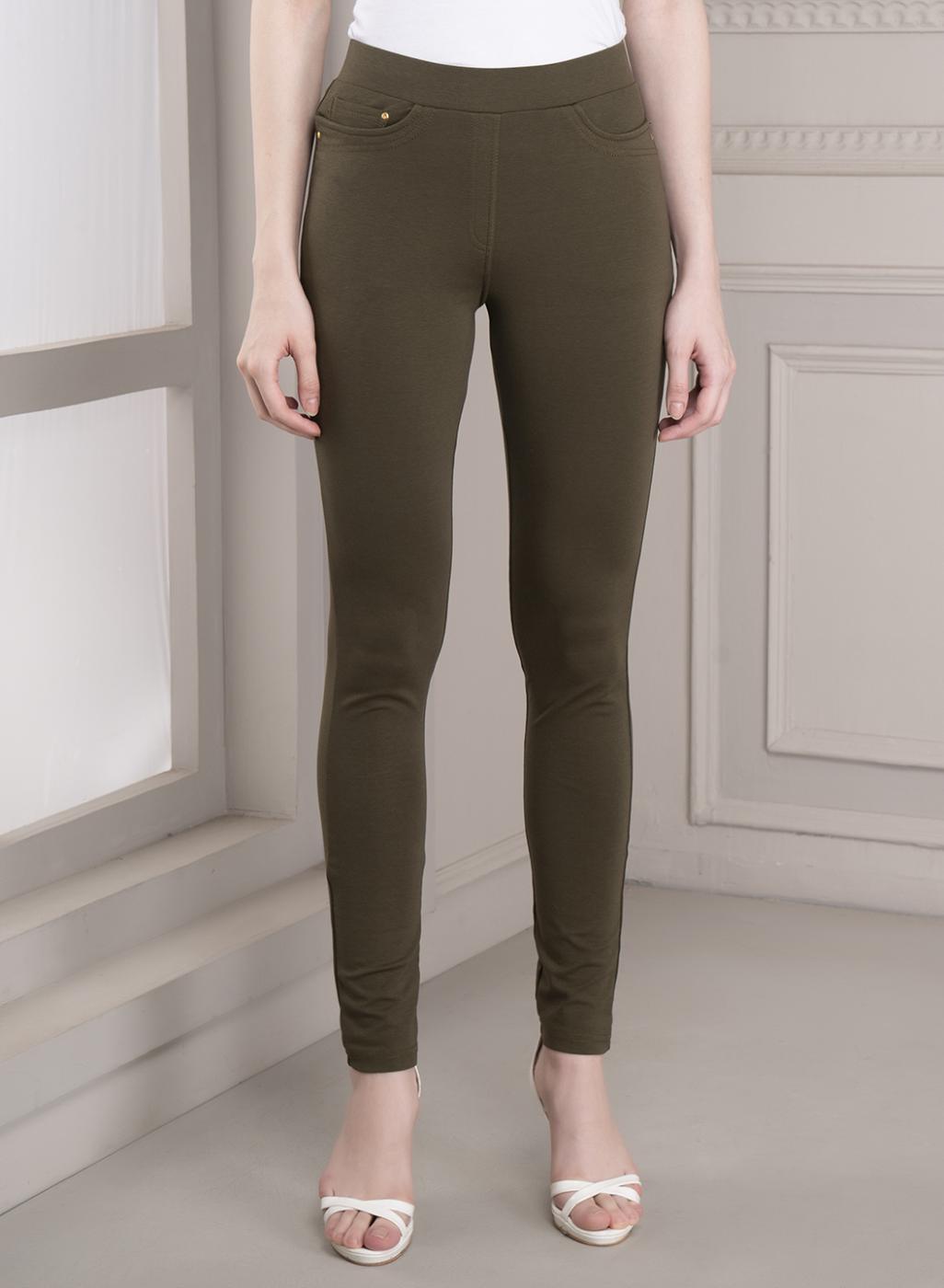 Skin-Fit Mehndi Green Ankle-Length Jeggings - Lakshita