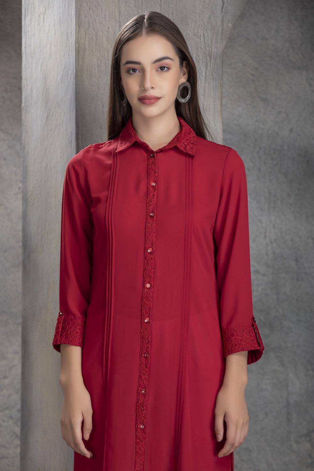 Crimson Red Button Down Shirt Tunic Lakshita