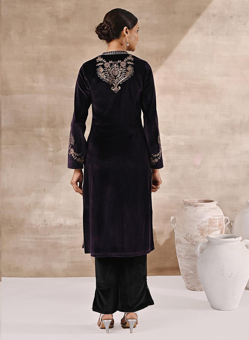 Purple Velvet Kurta With Geometrical Sequins Work - Lakshita