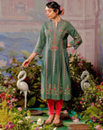 Bird Green Long Kurta with All-over work and Mandarin Collar - Lakshita