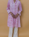 Pink Printed Short Kurti for Women with Lace Detailing