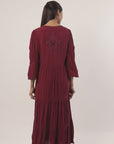 Wine Long Dress for Women with Dori Detail and Embroidery