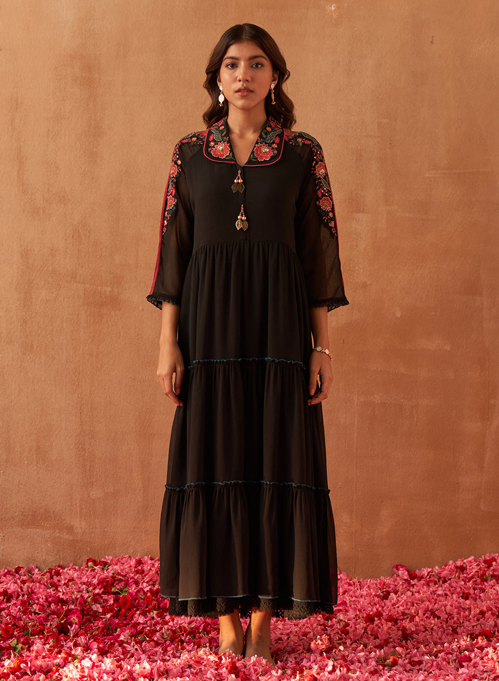 Black Frill Dress With Delicate Embroidery