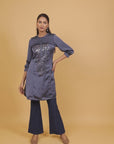 Navy Blue Satin Kurti with Sequin Work and Puff Sleeves