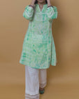 Green Printed Short Kurti for Women with Lace Detailing