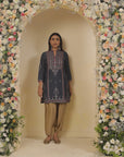 Grey Embroidered Thigh-length Kurti with 3/4th Sleeves