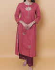 Light Maroon Embroidered Cotton Kurta with 3/4th Sleeves and Asymmetrical Hem