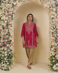 Pink Embroidered Thigh-length Kurti with 3/4th Sleeves