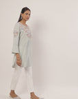Spa Blue Cotton Kurti with Floral Embroidery