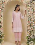 Pink Long All over Embroidered Kurta Set