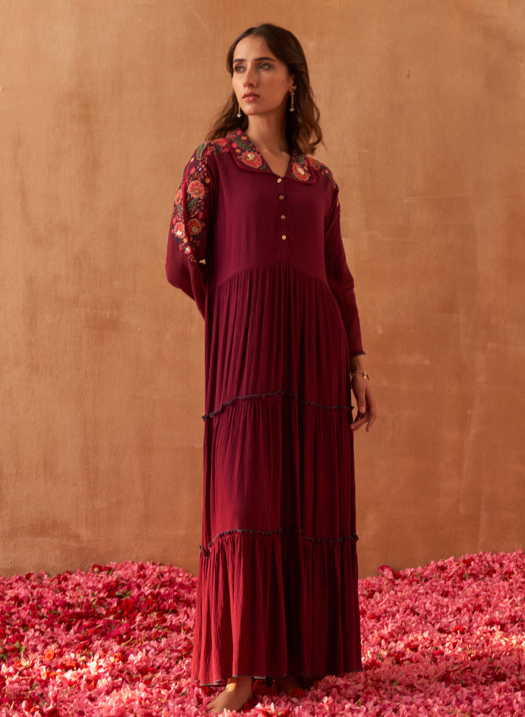 Wine Frill Dress With Delicate Embroidery